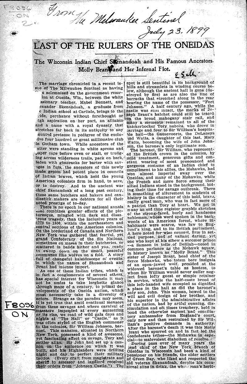 Last of the rulers of the Oneidas Newspaper Article/Clipping