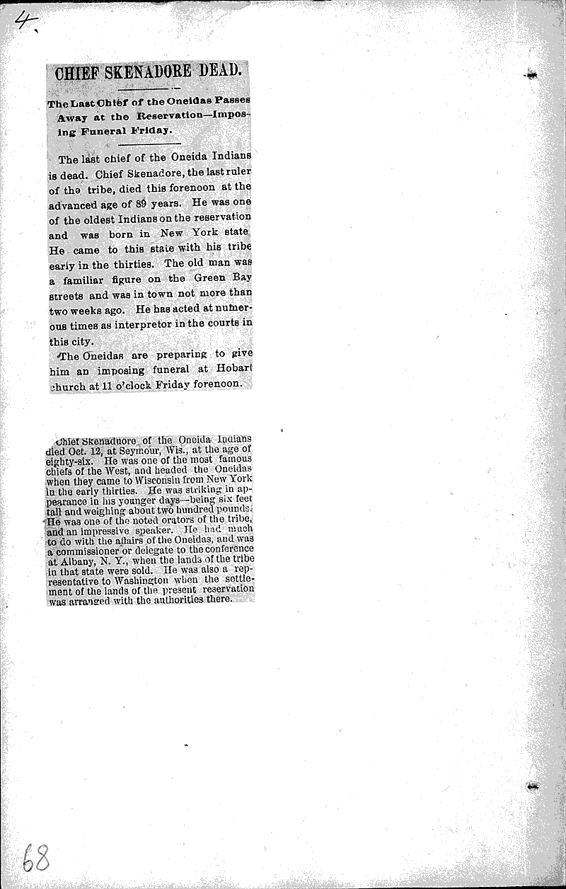 Last of the rulers of the Oneidas Newspaper Article/Clipping