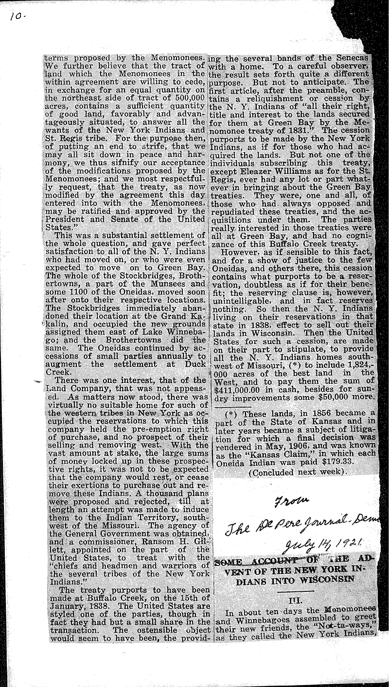  Source: De Pere Journal-Democrat Topics: Indians and Native Peoples Date: 1921-06-30