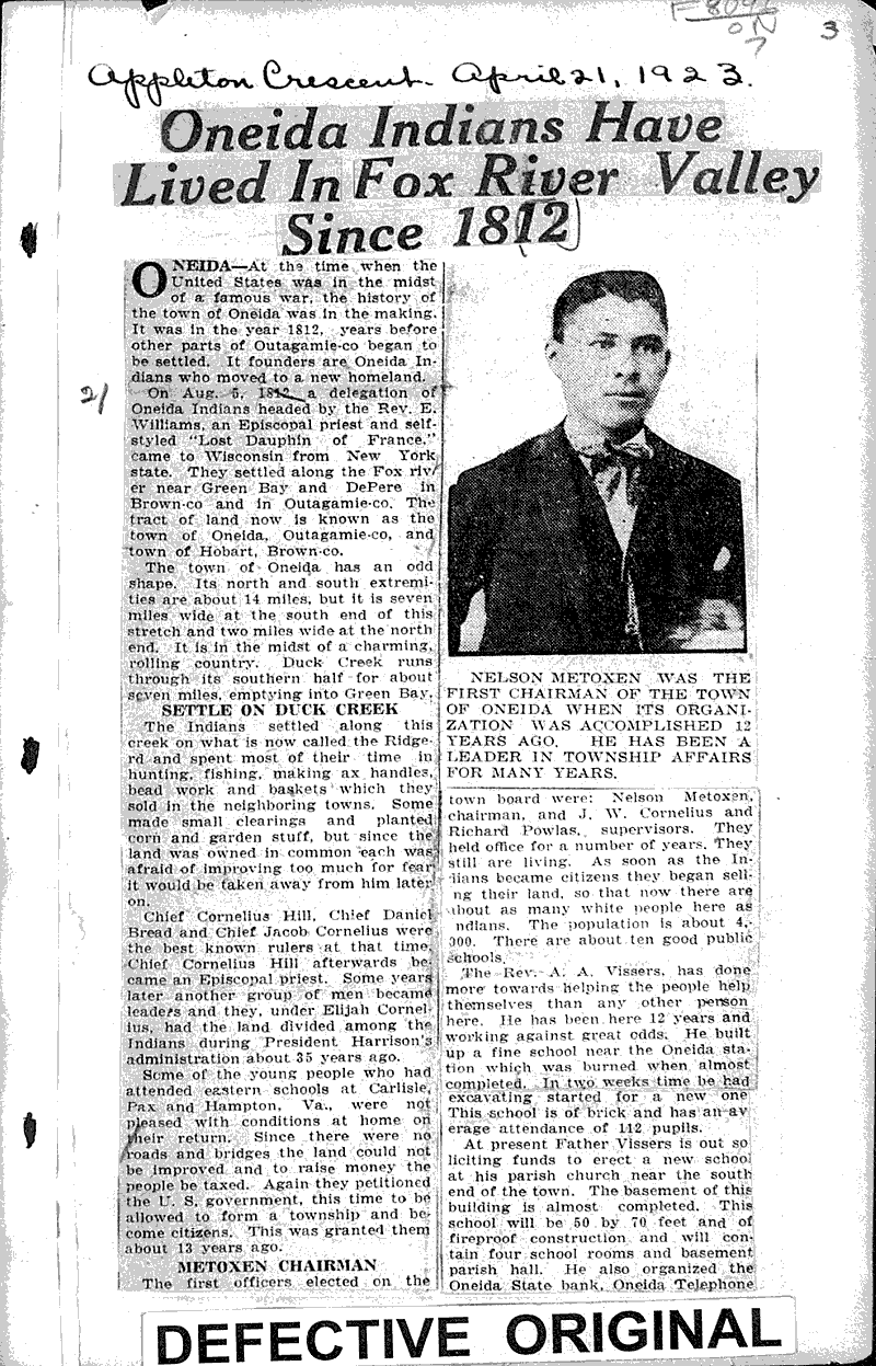 Oneida Indians have lived in Fox RIver Valley since 1812 Source: Appleton Crescent Topics: Indians and Native Peoples Date: 1923-04-21
