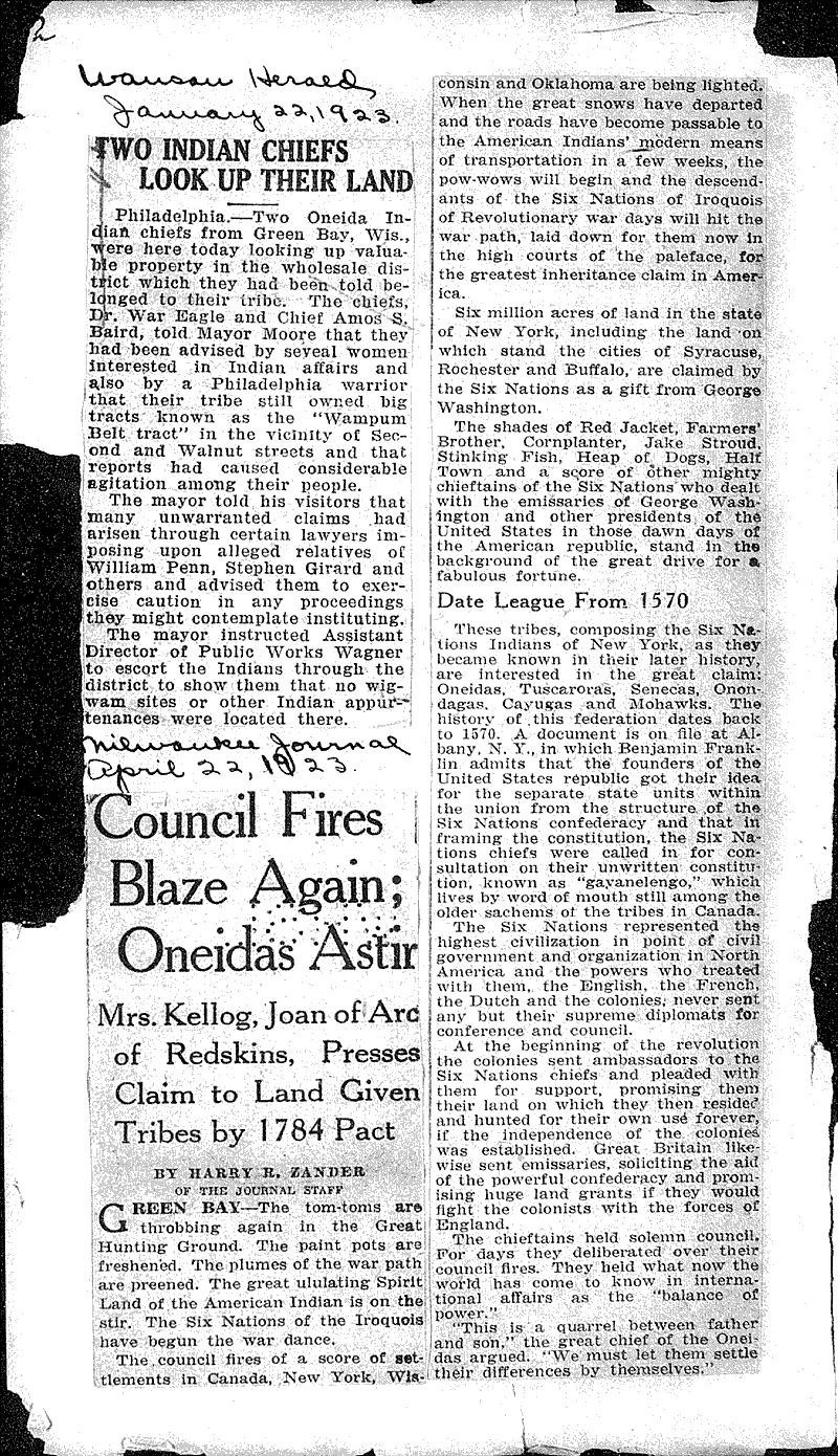  Source: Milwaukee Journal Topics: Indians and Native Peoples Date: 1923-04-22