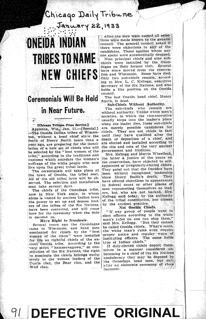 Oneida Indian tribes to name new chiefs Newspaper Article/Clipping