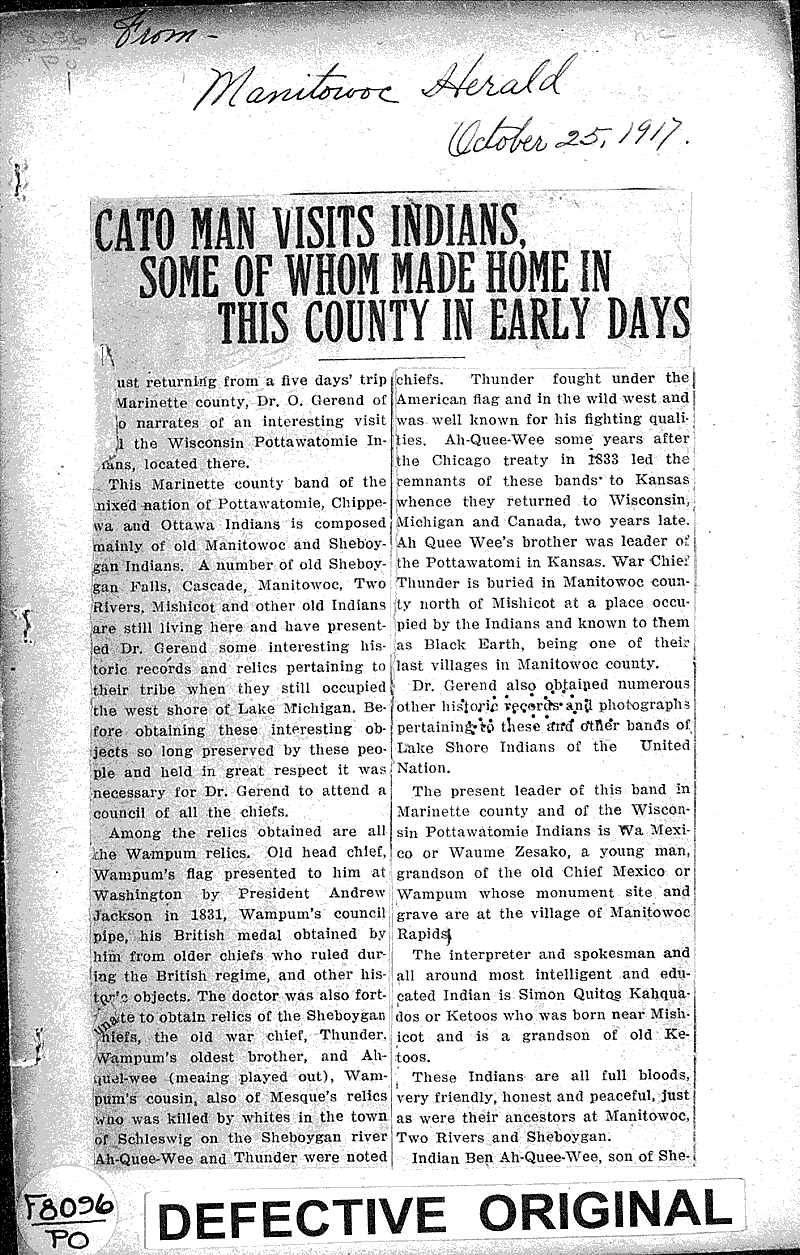  Source: Manitowoc Herald Topics: Indians and Native Peoples Date: 1917-10-25