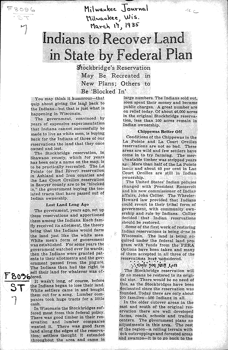 Indians to recover land in state by federal plan Newspaper Article