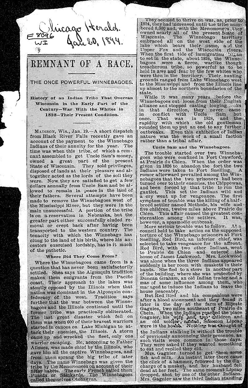 Remnant of a Race Source: Chicago Herald Topics: Indians and Native Peoples Date: 1894-01-20