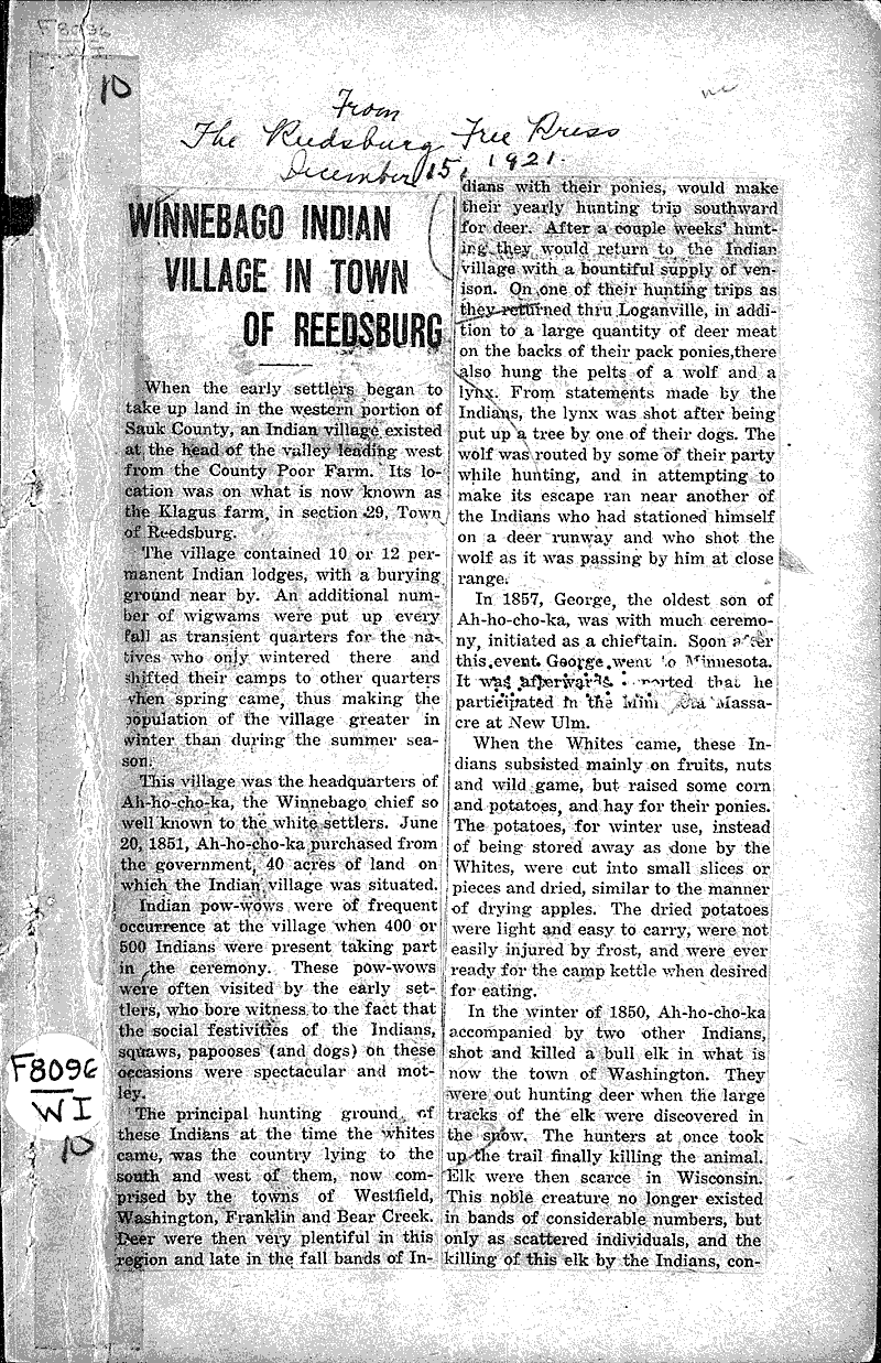  Source: Reedsburg Free Press Topics: Indians and Native Peoples Date: 1921-12-15