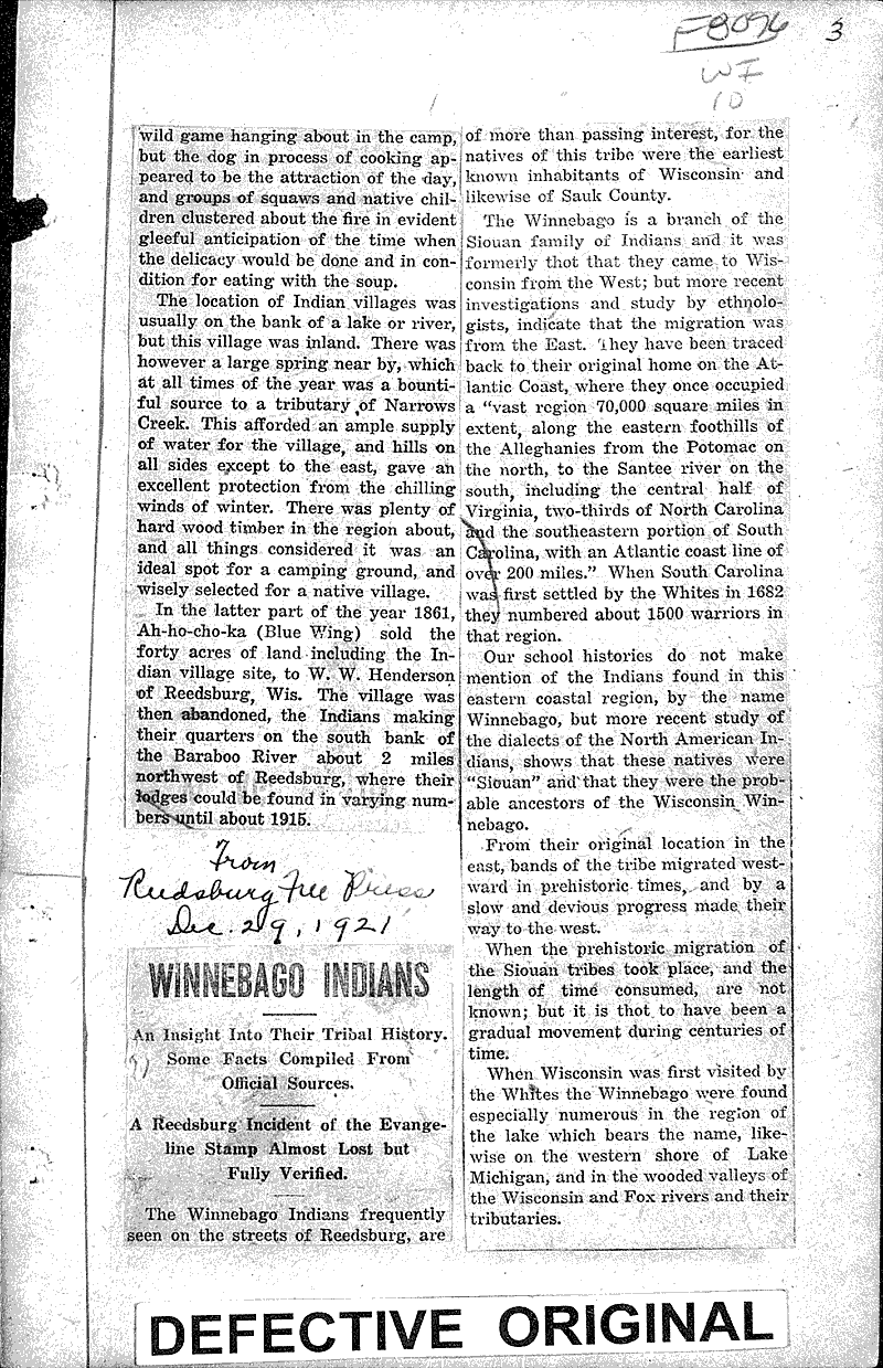  Source: Reedsburg Free Press Topics: Indians and Native Peoples Date: 1921-12-15