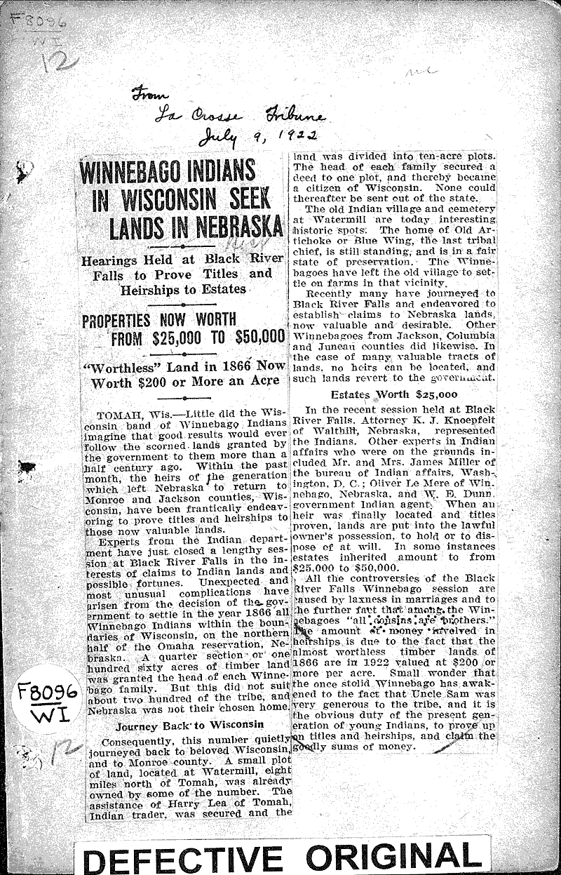 Winnebago Indians in Wisconsin seek lands in Nebraska` Newspaper