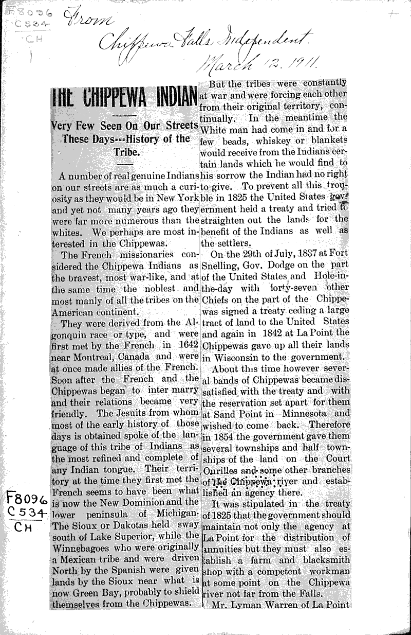  Source: Chippewa Falls Independent Topics: Indians and Native Peoples Date: 1911-03-12