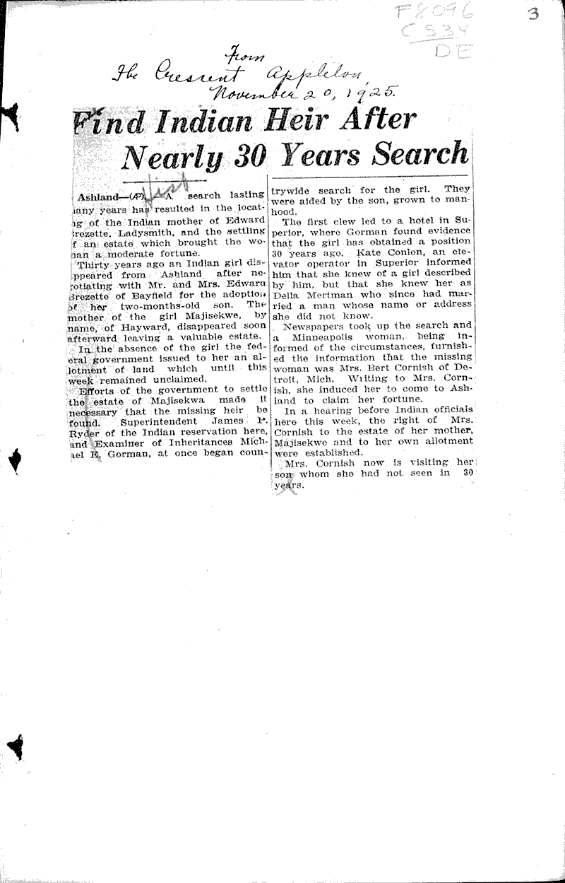  Source: Appleton Crescent Topics: Indians and Native Peoples Date: 1925-11-20