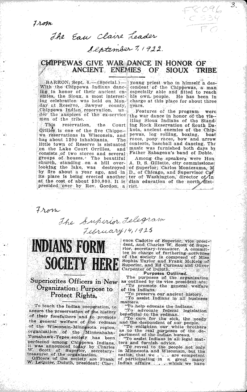  Source: Eau Claire Leader Topics: Indians and Native Peoples Date: 1922-09-07