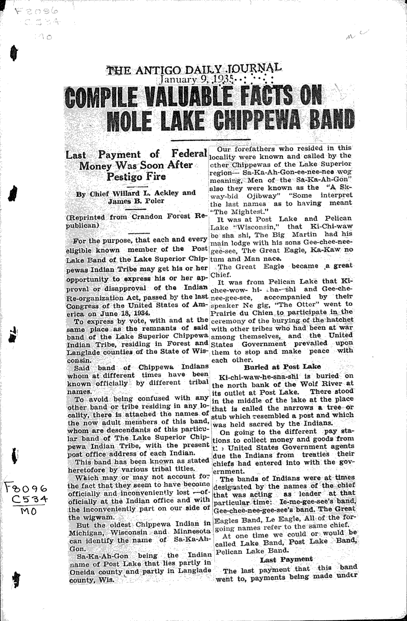 Compile valuable facts on Mole Lake Chippewa band Newspaper Article