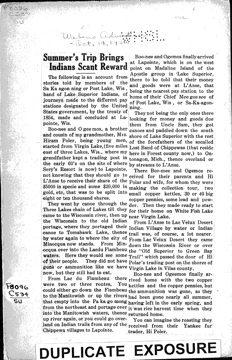 Summer's trip brings Indians scant reward Newspaper Article/Clipping Wisconsin Historical