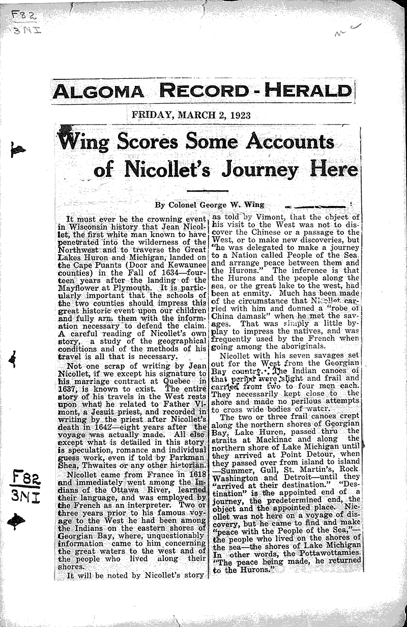 Wing scores some accounts of Nicollet's journey here Newspaper