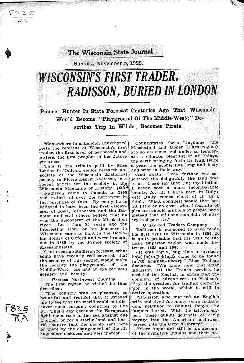 Wisconsin's first trader, Radisson, buried in London Newspaper
