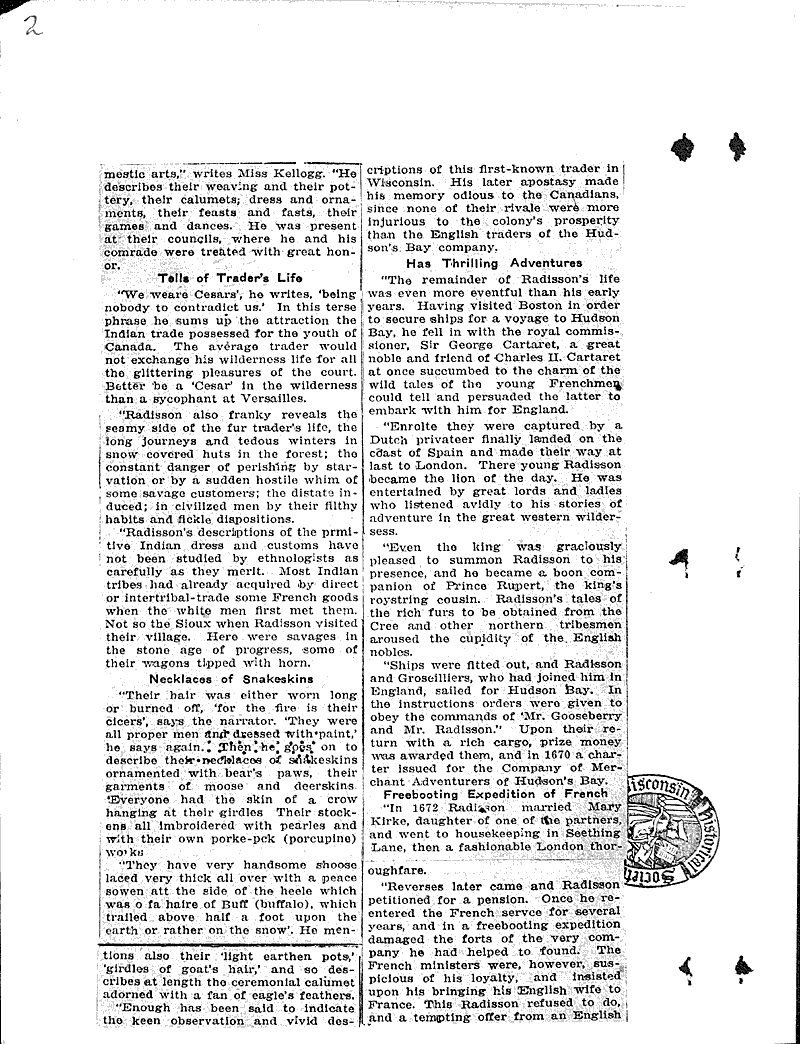 Wisconsin's first trader, Radisson, buried in London Newspaper