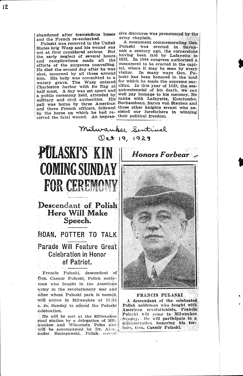 Nation honors Gen. Pulaski's name sunday Newspaper Article/Clipping