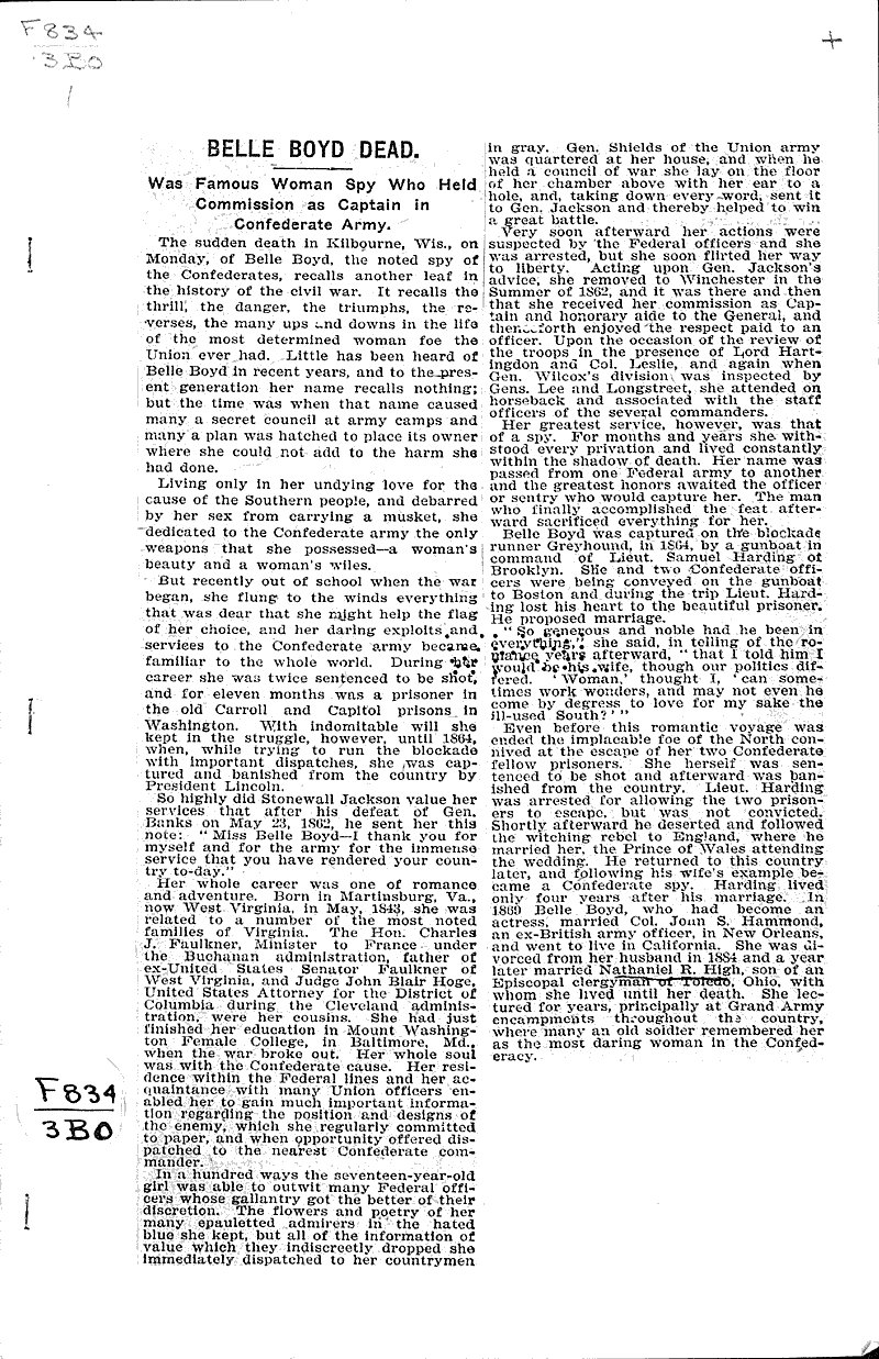 Belle Boyd dead Newspaper Article/Clipping Wisconsin Historical Society
