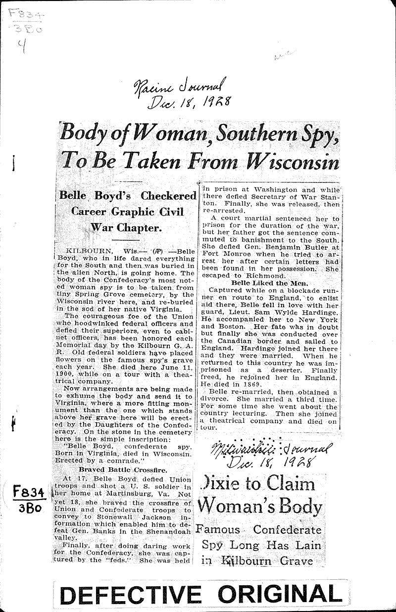  Source: Racine Journal Topics: Civil War Date: 1928-12-18