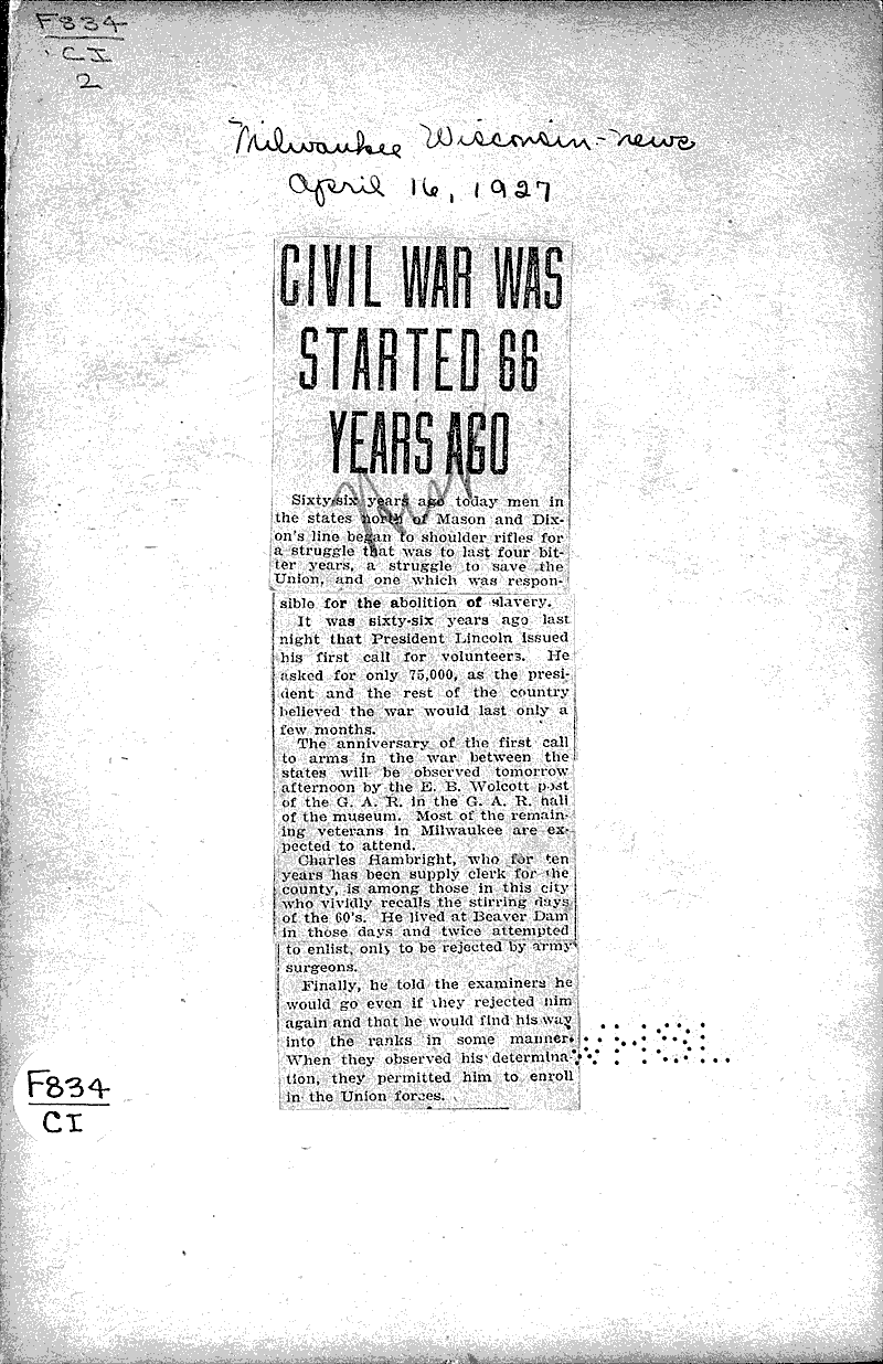  Source: Wisconsin News Topics: Civil War Date: 1927-04-16