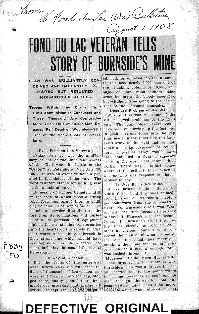  Source: Fond du Lac Bulletin Topics: Civil War Date: 1908-08-01