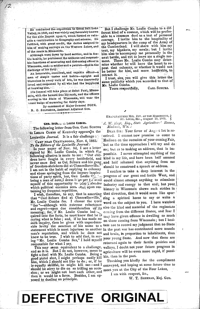 General Pope's order on the death of Major Stansbury Newspaper Article/Clipping Wisconsin