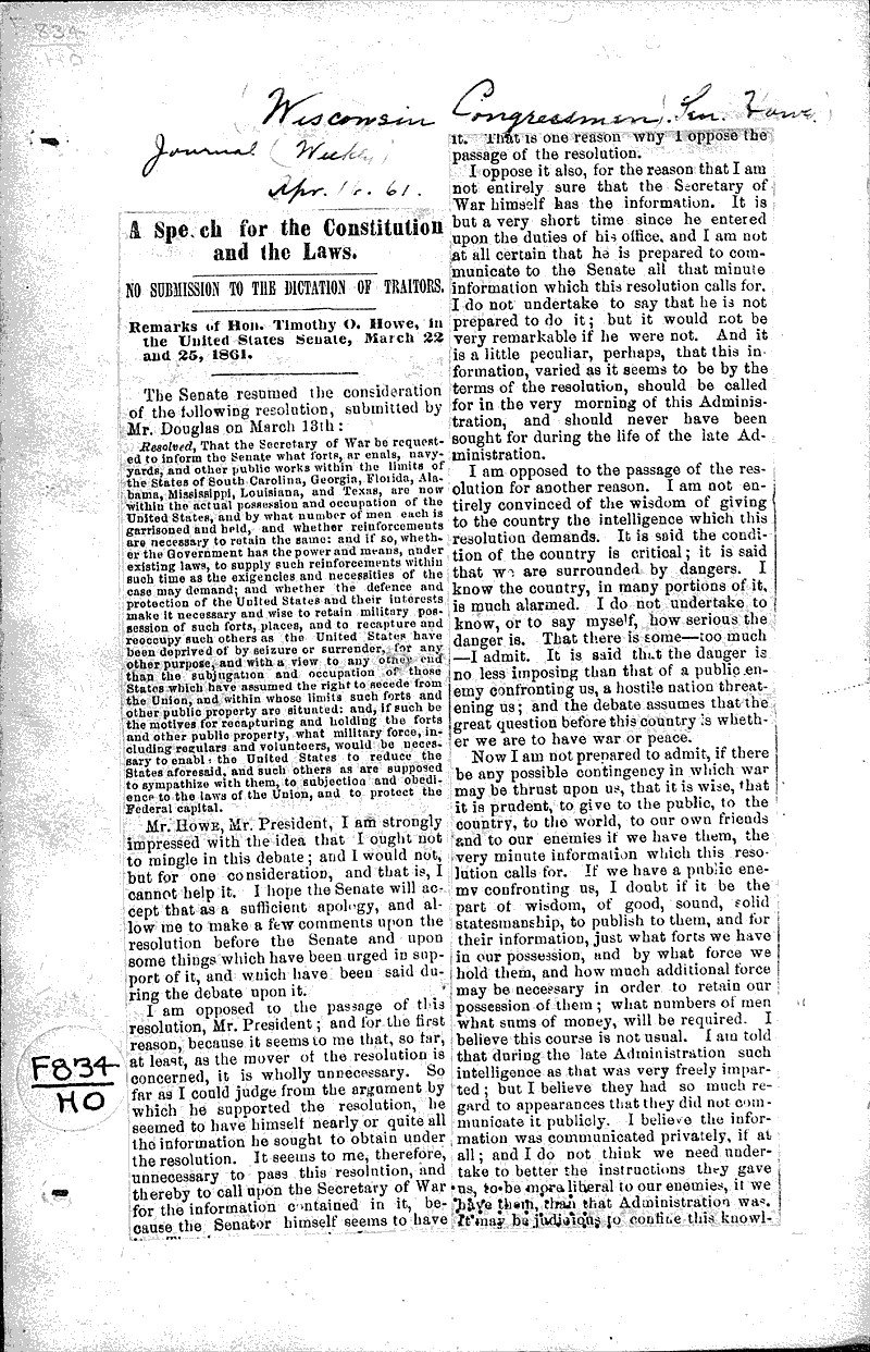  Source: Milwaukee Journal Topics: Government and Politics Date: 1861-04-16