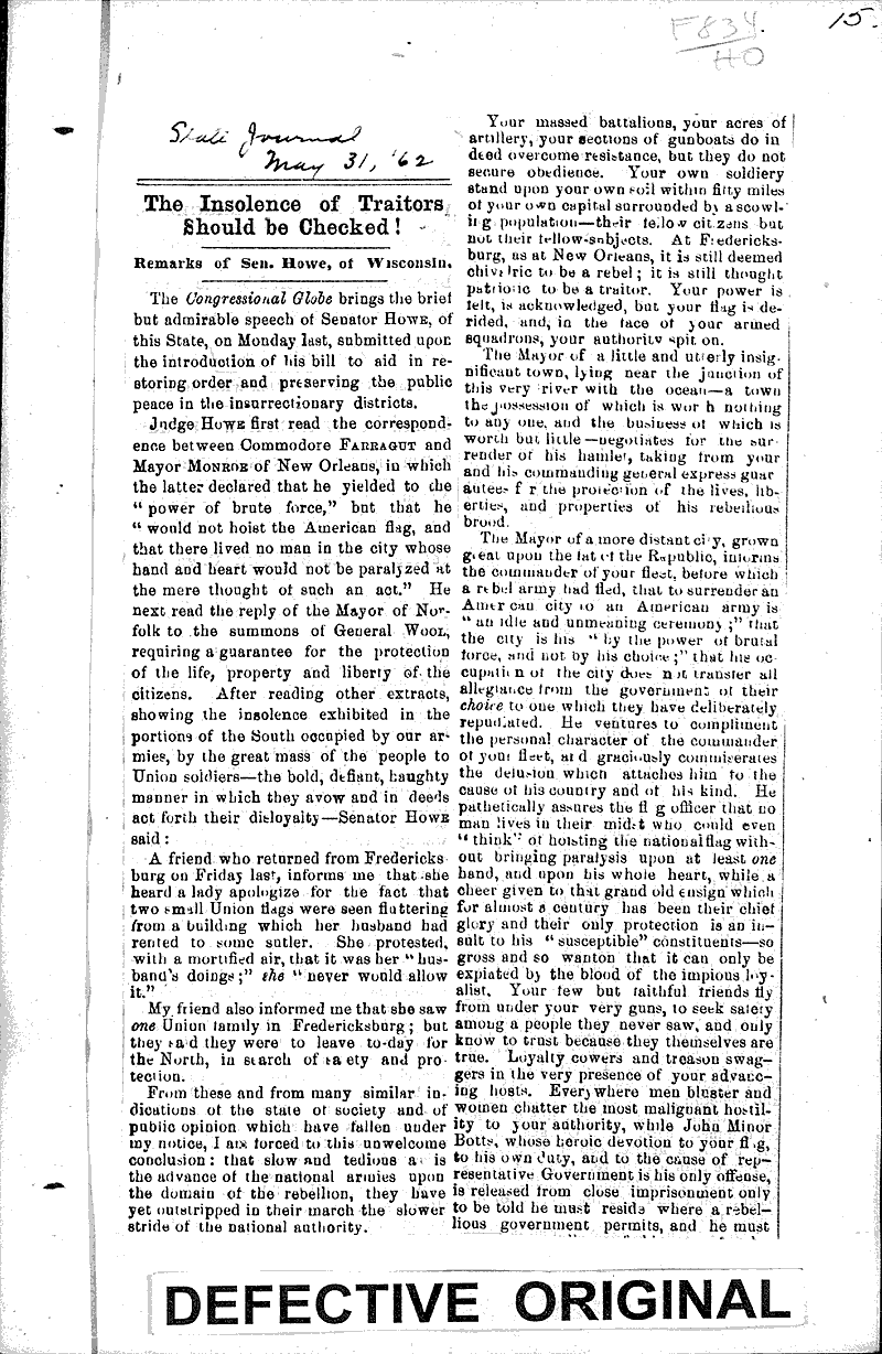 Source: Wisconsin State Journal Topics: Civil War Date: 1862-05-31