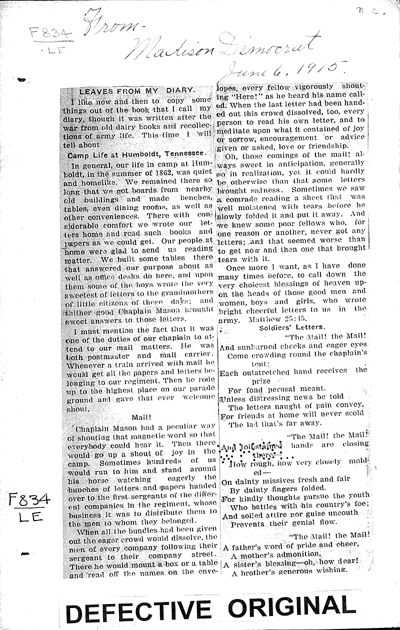 Source: Madison Democrat Topics: Civil War Date: 1915-06-06