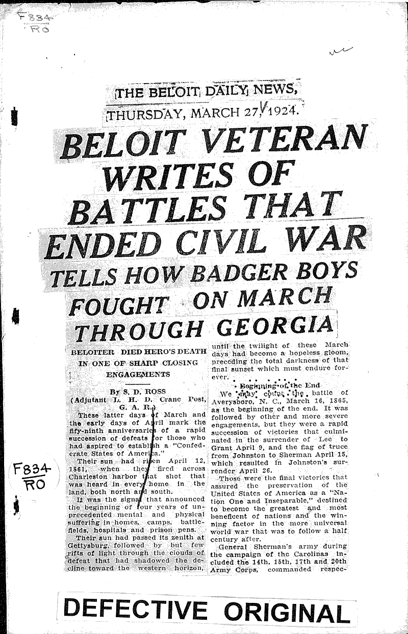  Source: Beloit Daily News Topics: Civil War Date: 1924-03-27