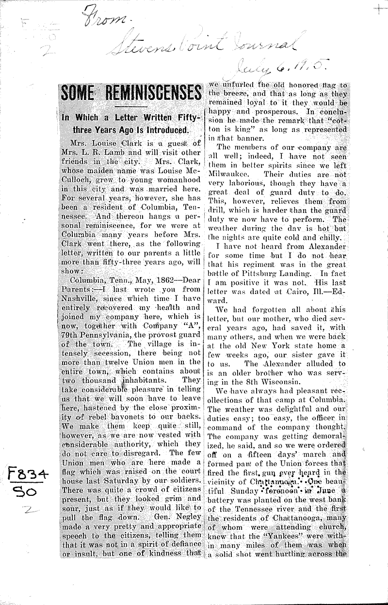 Some reminiscenses Newspaper Article/Clipping Wisconsin Historical