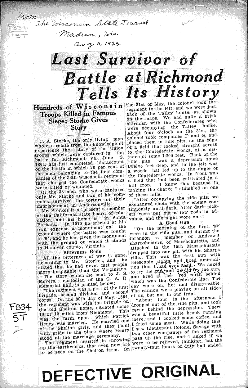  Source: Wisconsin State Journal Topics: Civil War Date: 1925-08-05