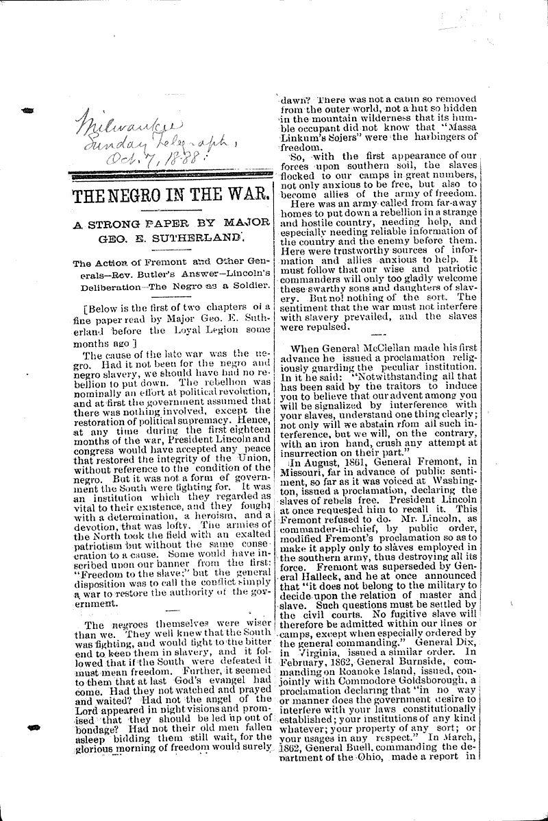  Source: Milwaukee Sunday Telegraph Topics: Civil War Date: 1888-10-07