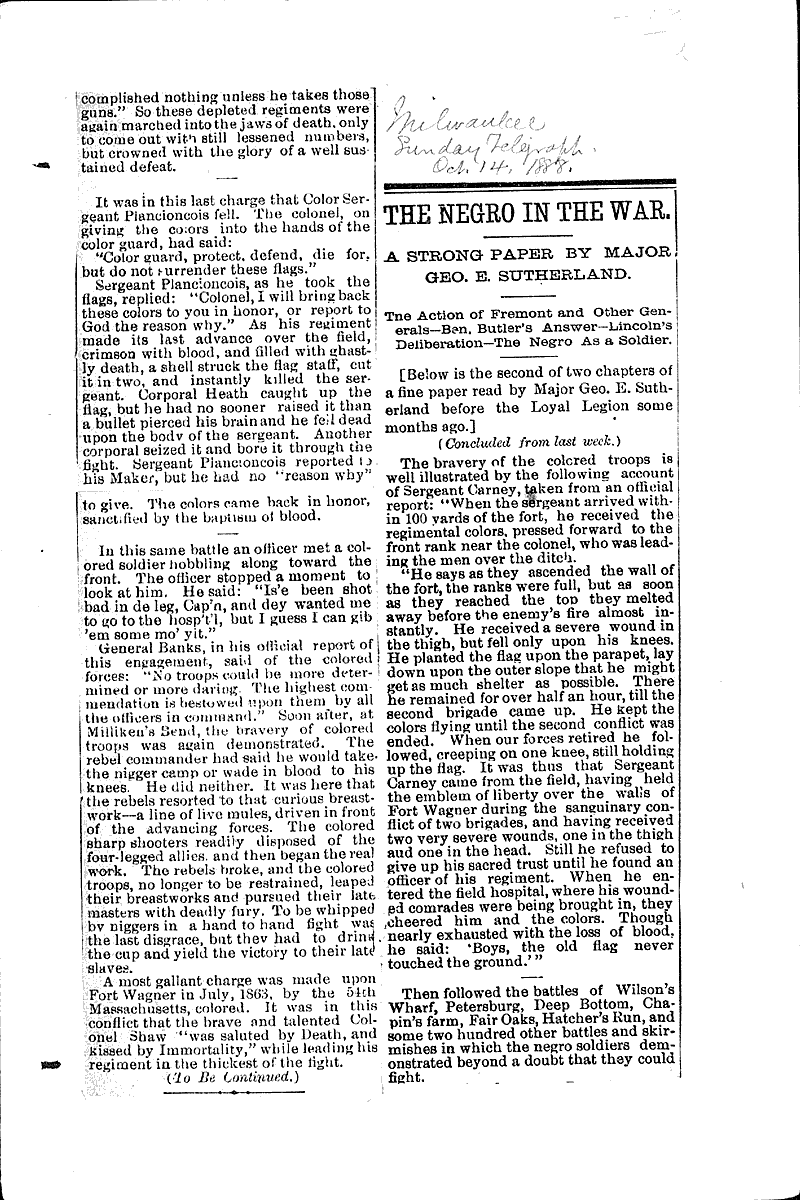  Source: Milwaukee Sunday Telegraph Topics: Civil War Date: 1888-10-07