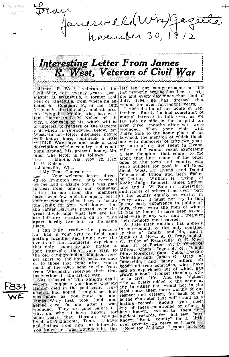 Interesting letter from James R. West, Vetran of Civil War Source: Janesville Gazette Topics: Civil War Date: 1912-11-20