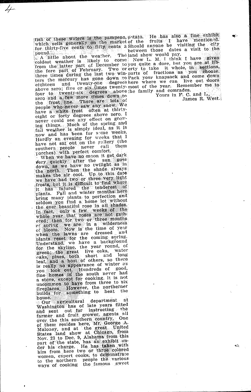 Interesting letter from James R. West, Vetran of Civil War Source: Janesville Gazette Topics: Civil War Date: 1912-11-20