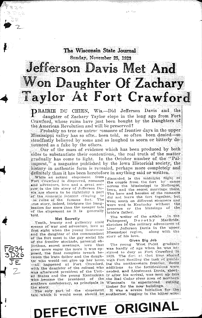  Source: Wisconsin State Journal Topics: Civil War Date: 1923-11-25