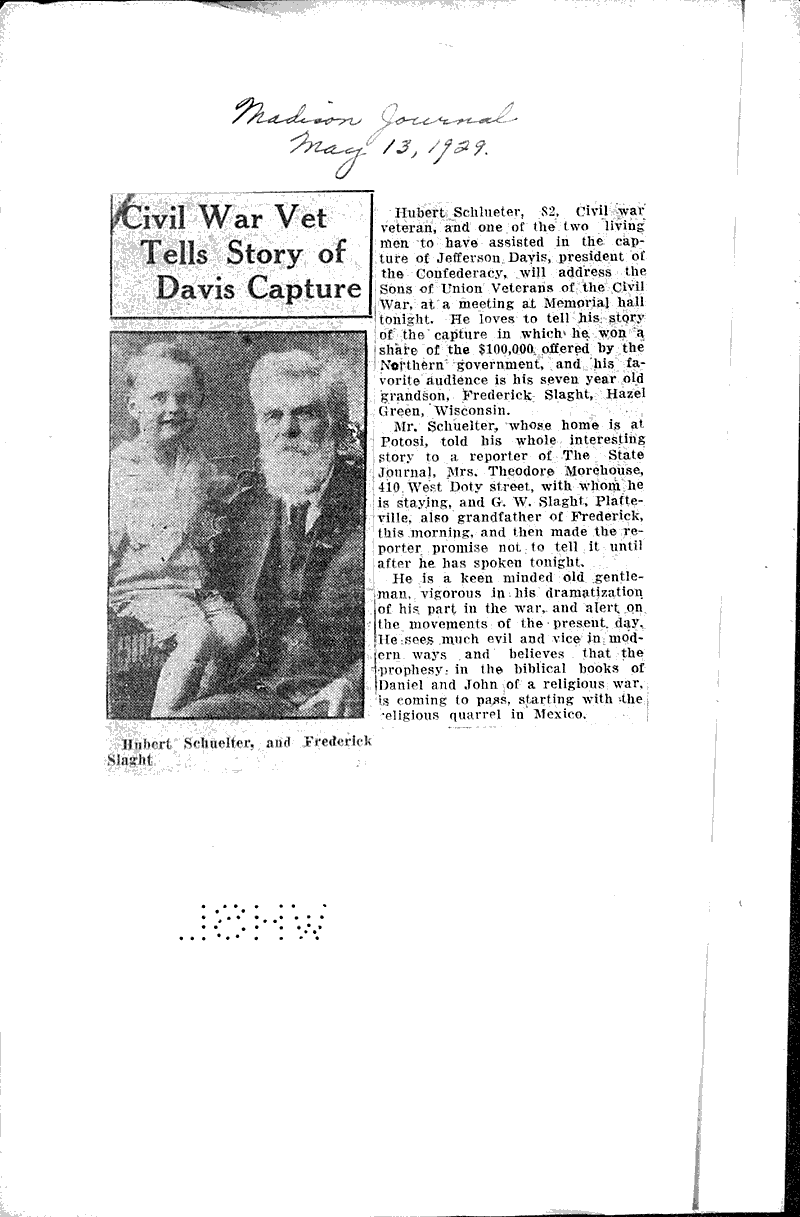 Civil War vet tells story of Davis capture Source: Madison Journal Topics: Civil War Date: 1929-05-13