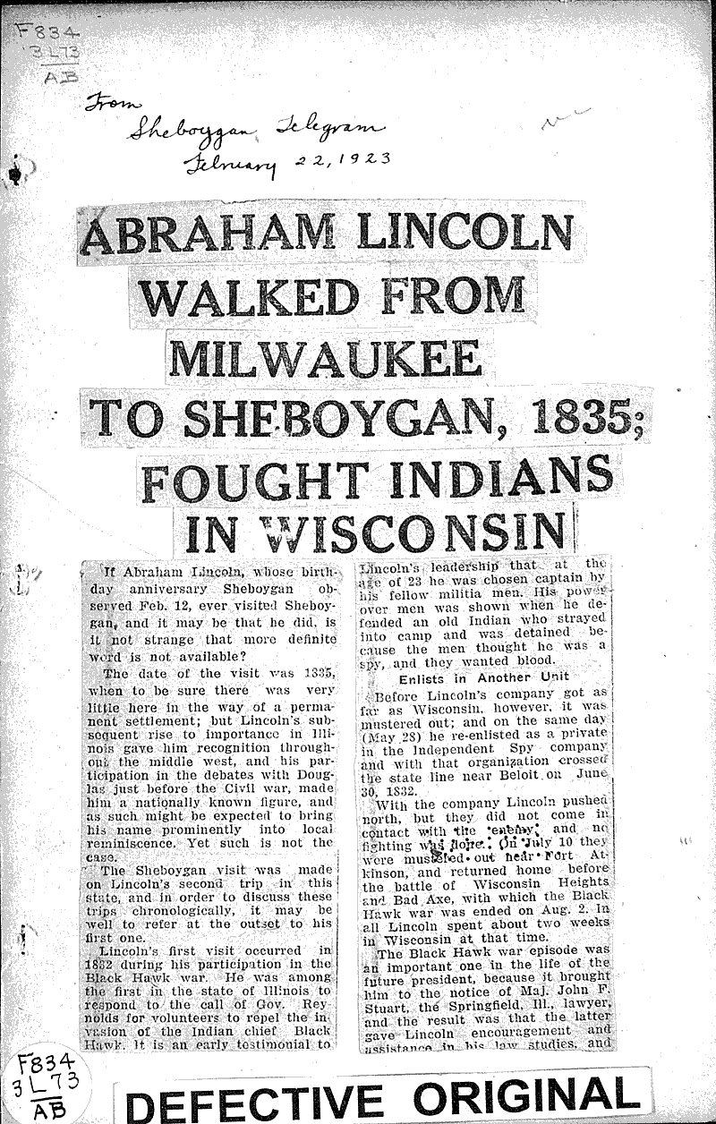  Source: Sheboygan Telegram Topics: Civil War Date: 1923-02-22