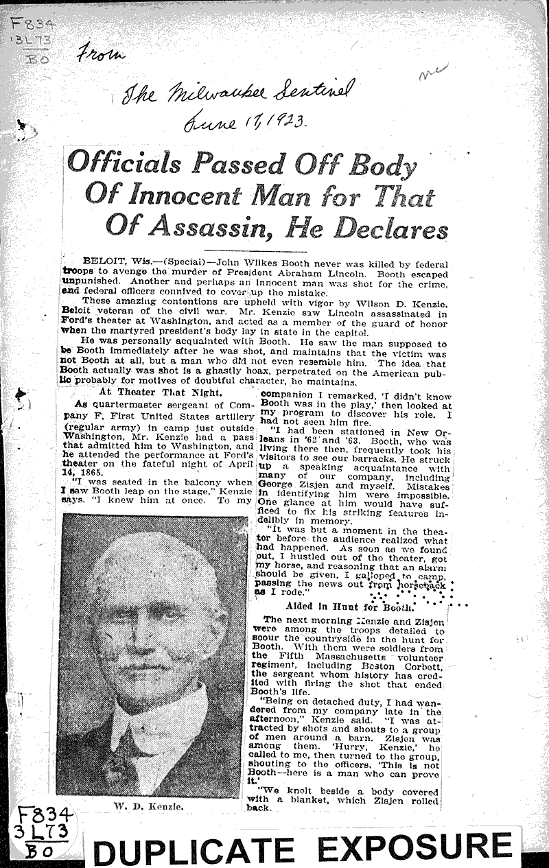  Source: Milwaukee Sentinel Topics: Civil War Date: 1923-06-17