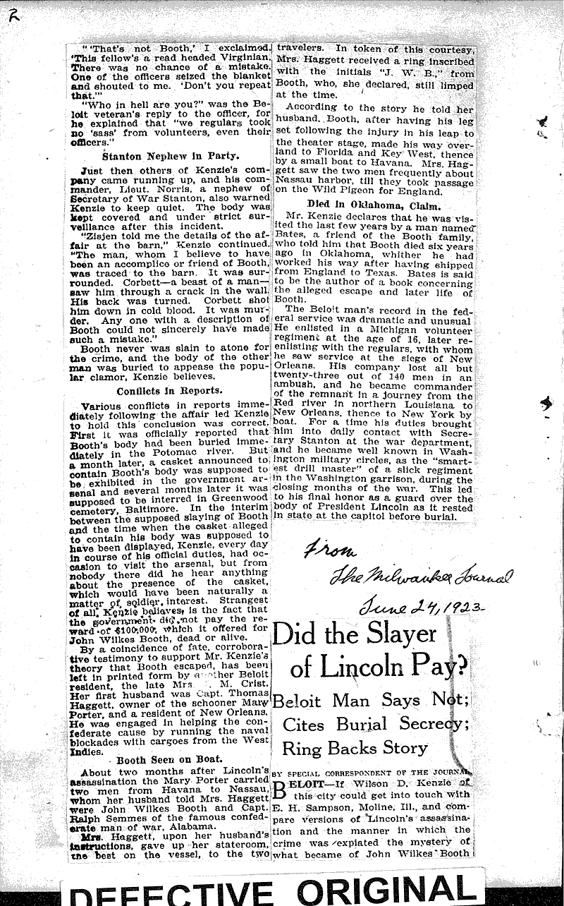  Source: Milwaukee Sentinel Topics: Civil War Date: 1923-06-17