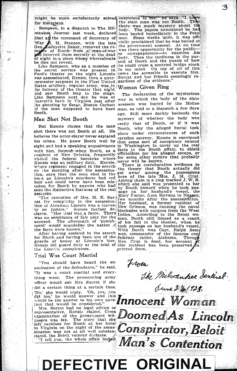  Source: Milwaukee Sentinel Topics: Civil War Date: 1923-06-17