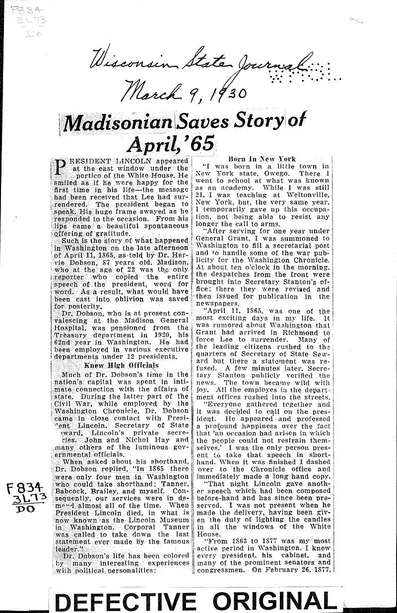 Madison saves story of April, '65 Newspaper Article/Clipping Wisconsin Historical Society