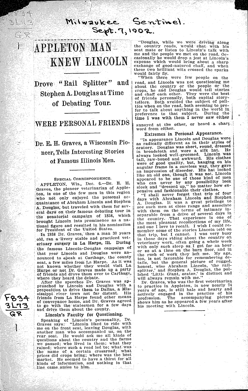 Appleton man knew Lincoln Newspaper Article/Clipping Wisconsin