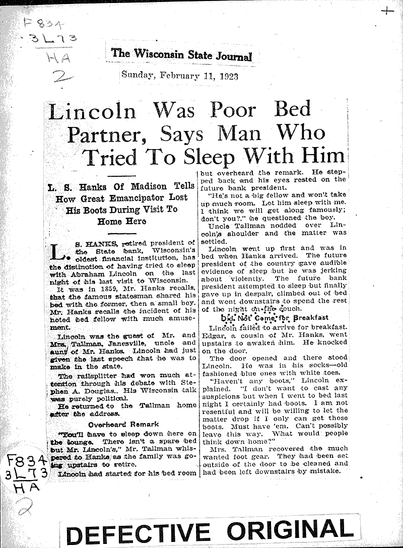  Source: Wisconsin State Journal Topics: Civil War Date: 1923-02-11