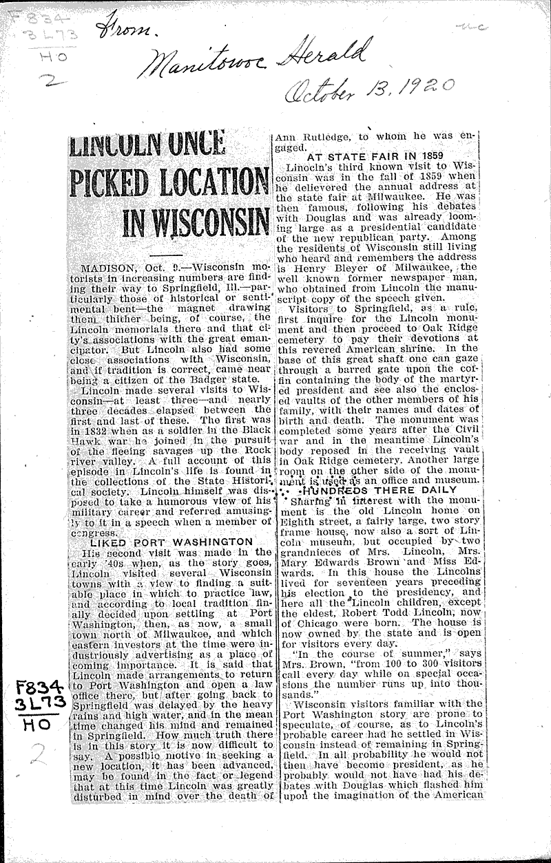 Lincoln once picked location in Wisconsin Newspaper Article/Clipping