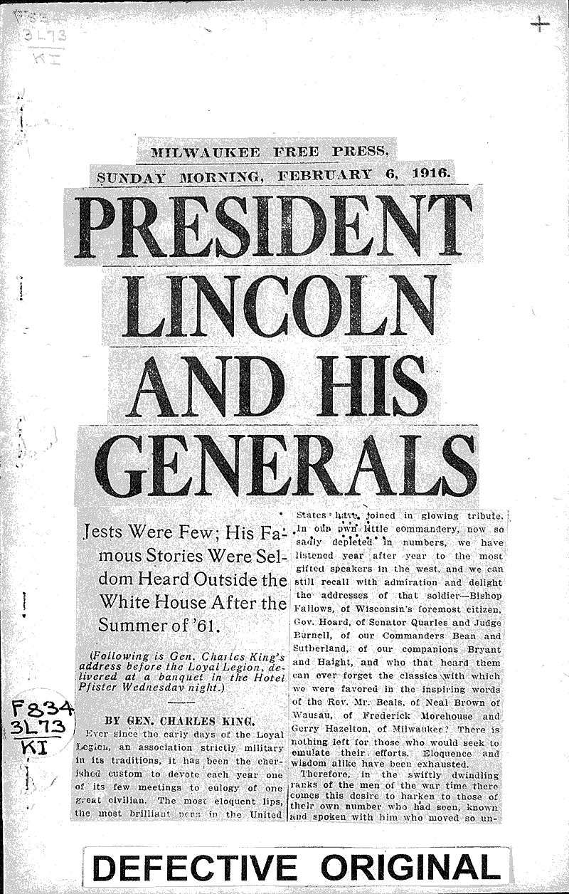  Source: Milwaukee Free Press Topics: Civil War Date: 1916-02-06