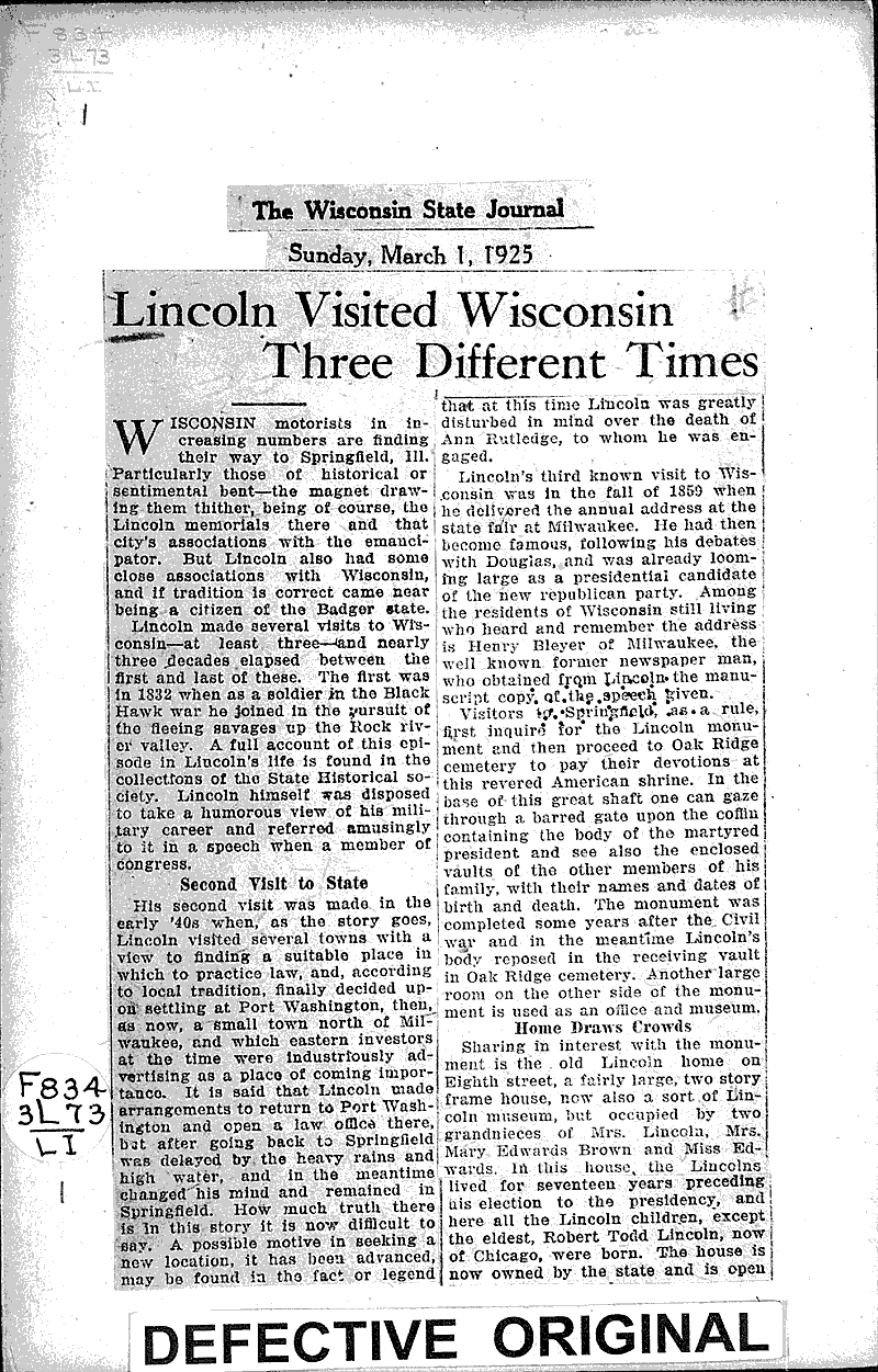  Source: Wisconsin State Journal Topics: Civil War Date: 1925-03-01