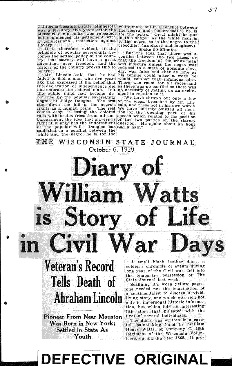  Source: Wisconsin State Journal Topics: Civil War Date: 1929-10-06