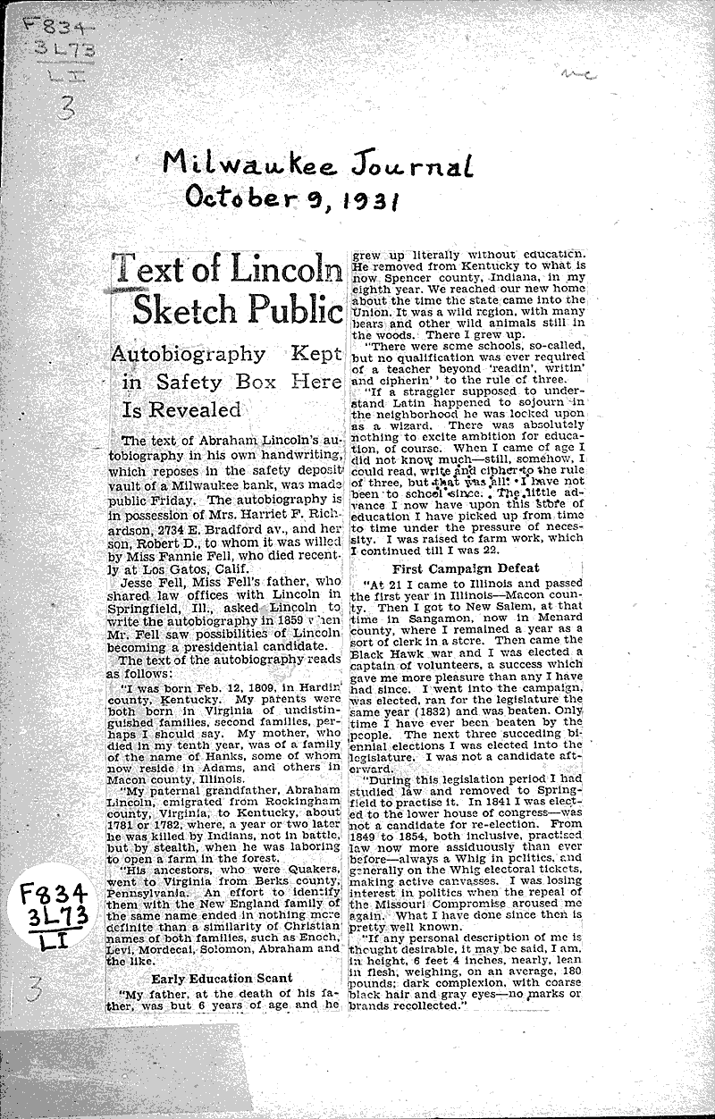  Source: Milwaukee Journal Topics: Civil War Date: 1931-10-09